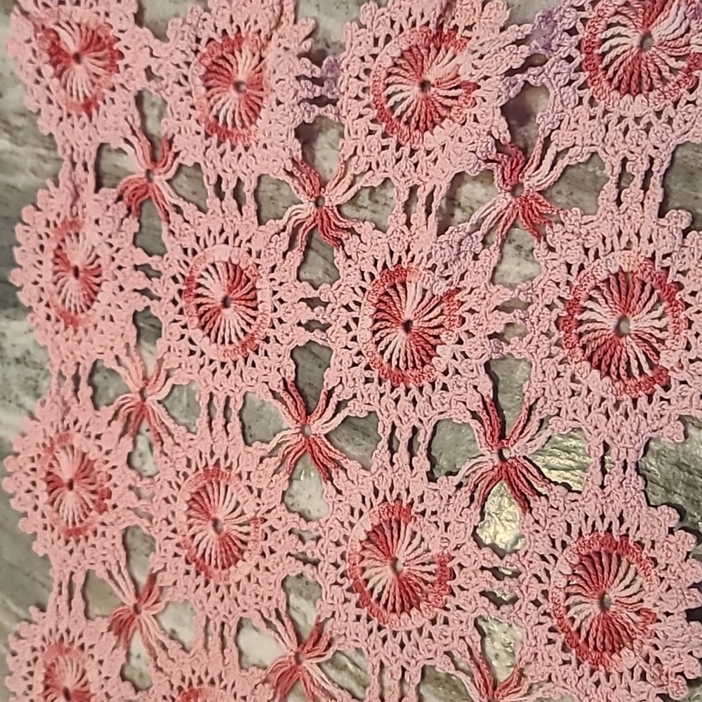 Vtg Pink Crochet Table Runner 14" x 42" Handmade